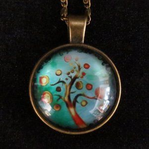 New World Glass Necklace Colorful Tree of Life Cabochon Pendant Brass Unisex 18"